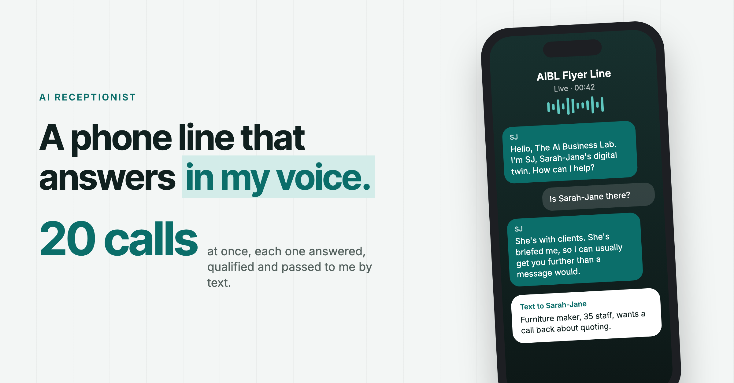Phone-screen detail from the supplied AI Receptionist visual, showing the AI introduction and an example follow-up summary