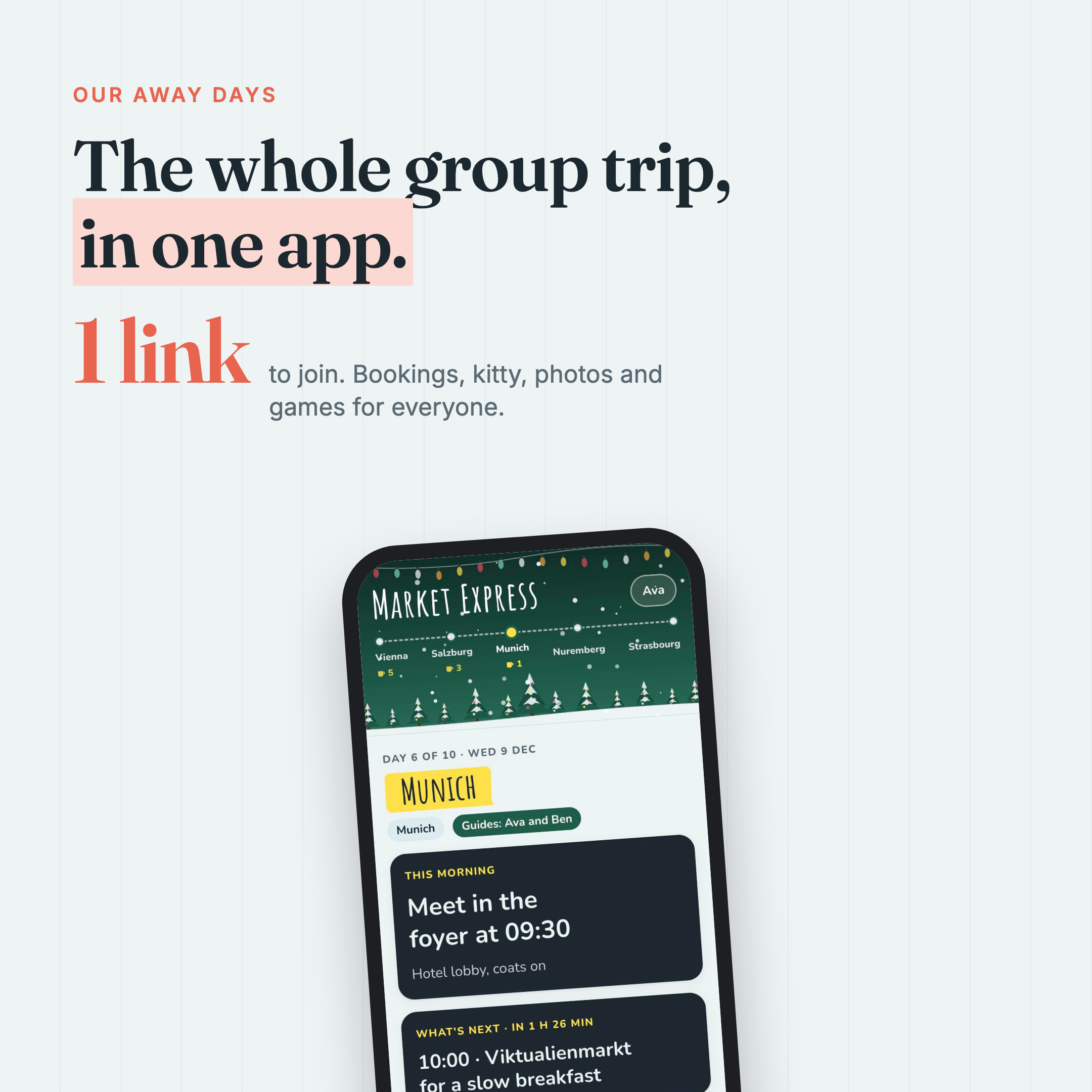 Supplied Our Away Days project graphic showing the group-travel app and its daily planning interface